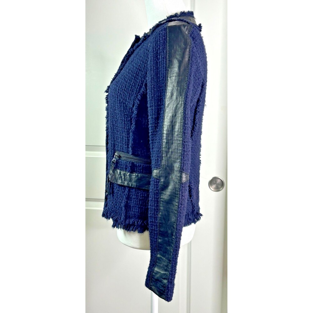 REBECCA TAYLOR Boucle Fringe Blazer SIZE 4 Navy Blue Black Leather Trim Coat EUC - Picture 4 of 16